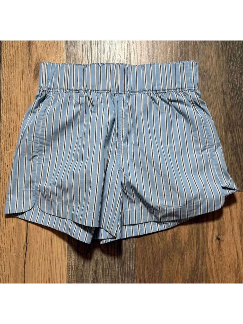 Quince 100% Organic Cotton Poplin Pull On Shorts Tribeca Stripe Blue Size XS